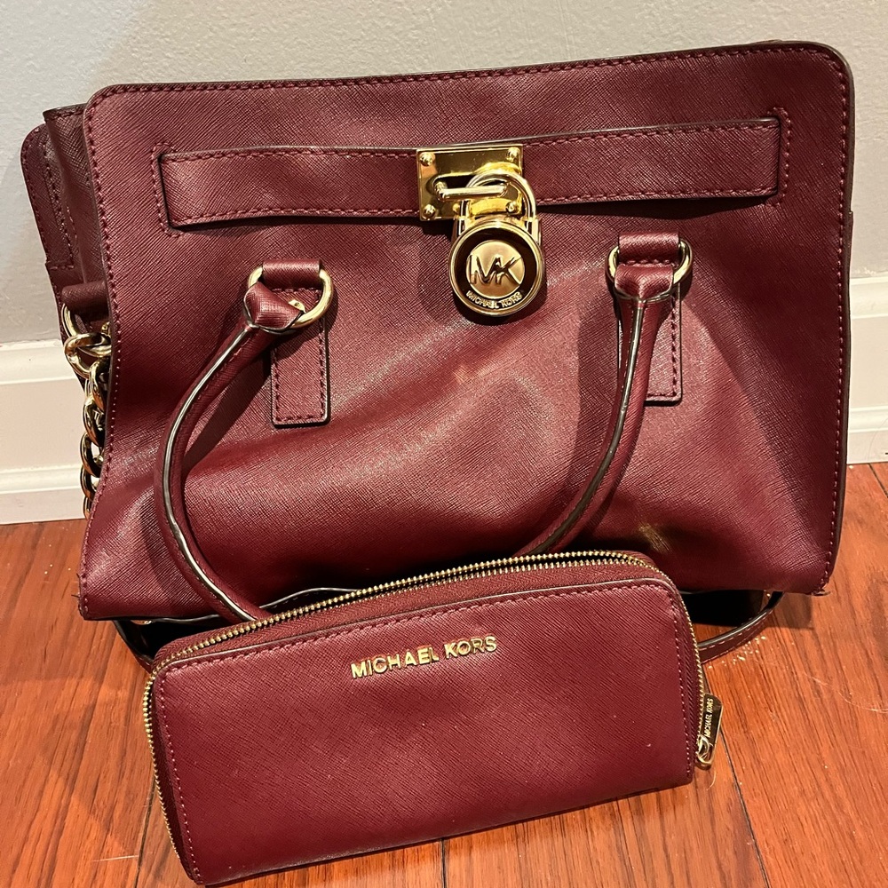 Michael Kors Burgundy Handbag and Wallet Set